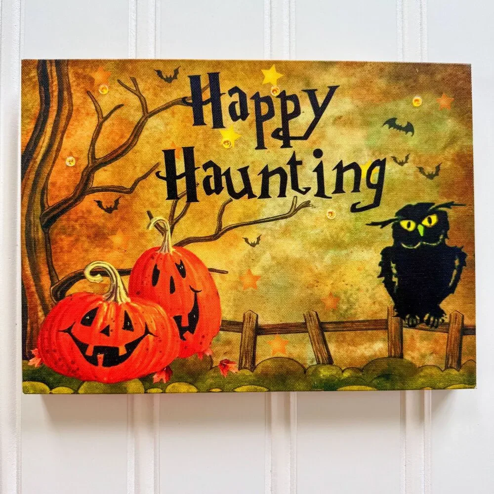 Light Up “Happy Haunting” Halloween Canvas Sign JackOLanterns Owl Bat Wall Decor